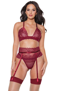 Collection of Pinot Noir Bra, Garter Belt & Thong Set in a gallery layout